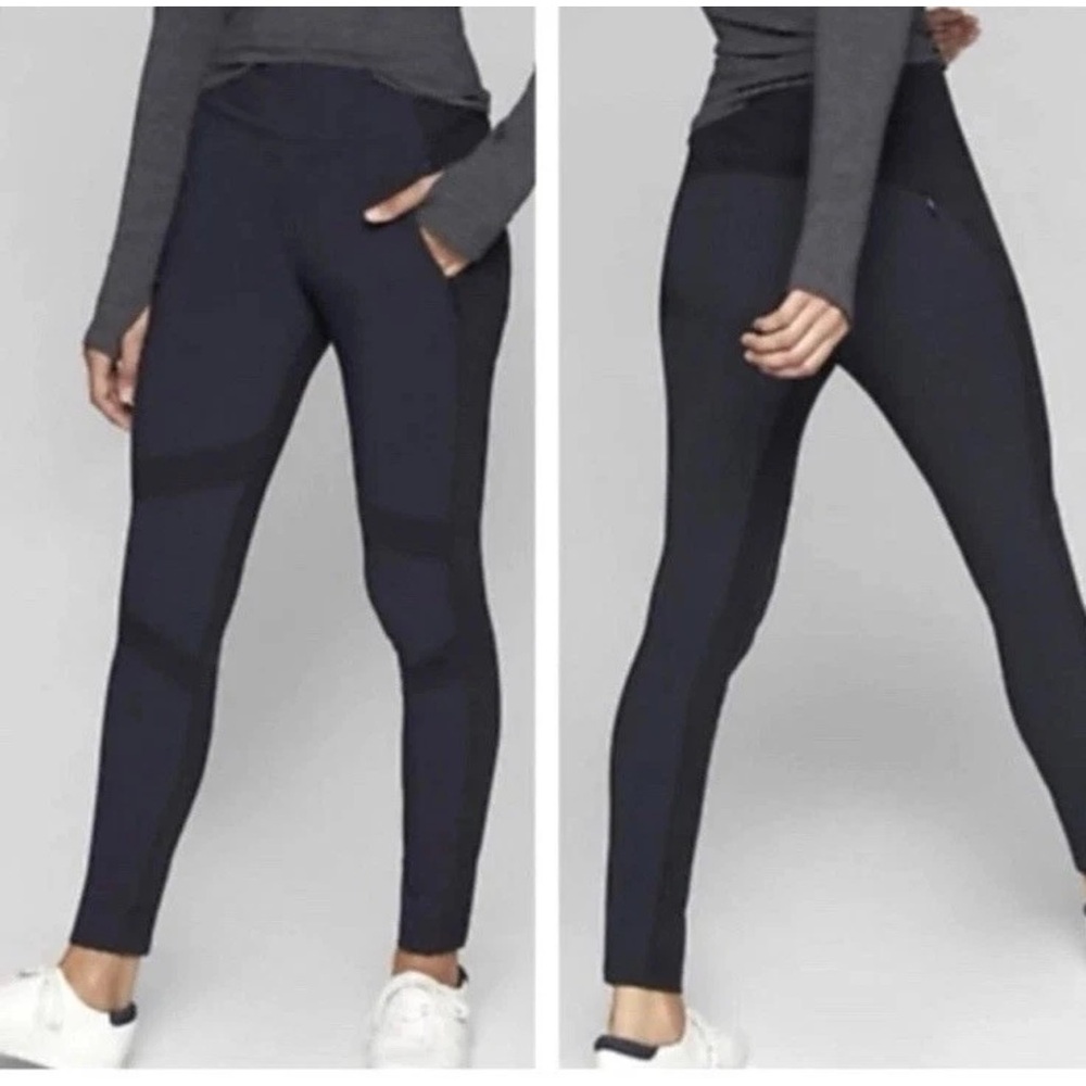 Athleta Highline Hybrid High Rise  Ankle Tight Pants 12  Black Navy Zip Pockets